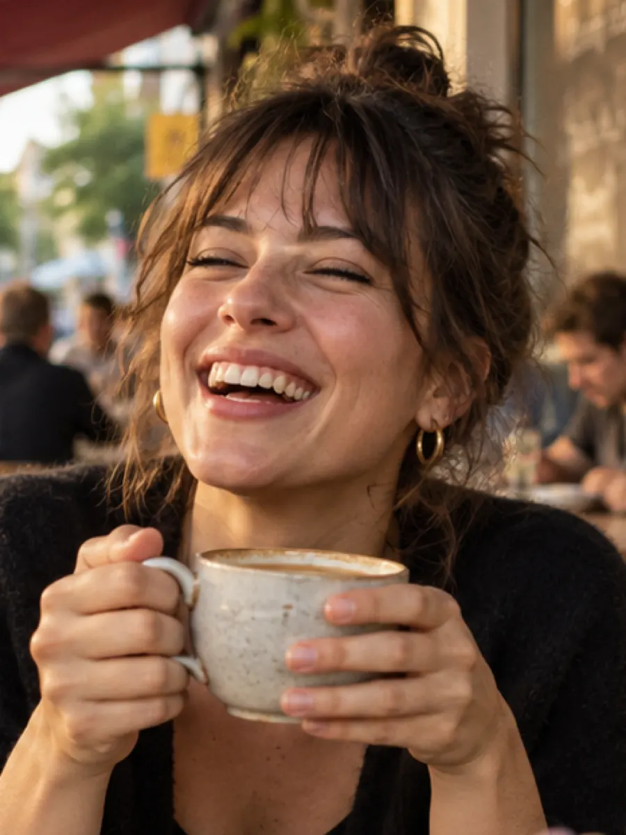 Synthetische Szene: Eine Frau lacht mit einer Tasse in der Hand in einem vollen Café.